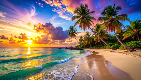 Beautiful tropical beach at Maldives island with coconut palm tree at sunsetの素材