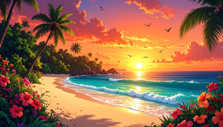 Tropical beach with palm trees and flowers at sunset, vector illustrationの素材