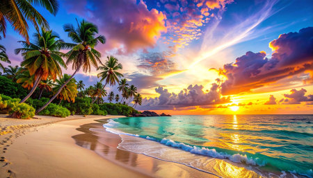Tropical beach with palm trees at sunset, Seychellesの素材
