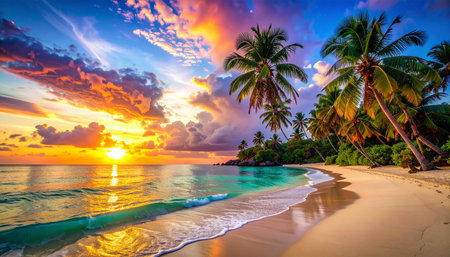 Beautiful sunset on tropical beach Anse Lazio - Praslin - Seychellesの素材