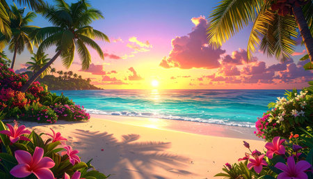 Beautiful tropical beach with palm trees and flowers at sunset. 3d renderingの素材