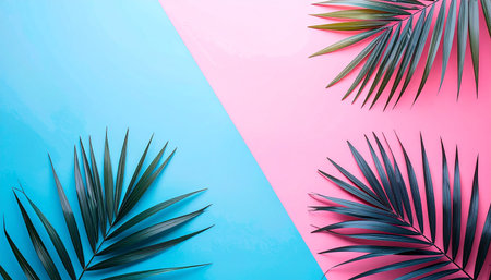 Tropical palm leaves on colorful background. Flat lay, top viewの素材