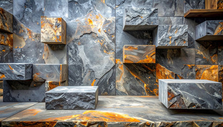 Abstract arrangement of textured stone blocks and walls in grey and orange hues, creating a dramatic backdrop.の素材
