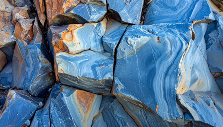 Fractured blue and orange rocks display swirling mineral patterns and rough textures in a close-up view.の素材