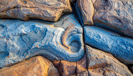 An abstract natural pattern formed by swirling layers of blue and orange rock, showcasing intricate geological...の素材