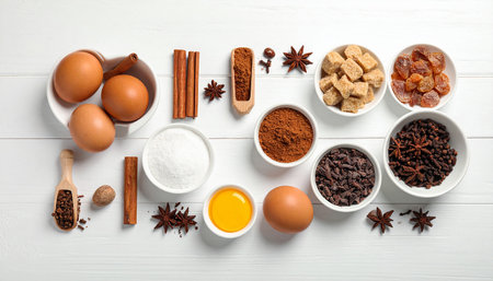 Top view of baking ingredients like eggs, sugar, spices, cocoa powder, and chocolate nibs laid out on a white wooden...の素材