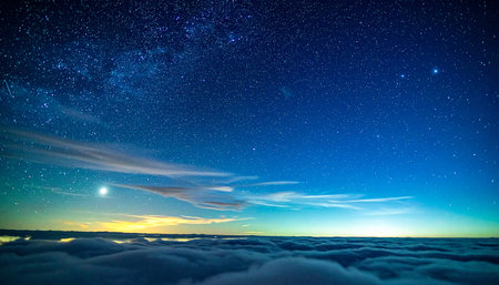 A bright star shines in the night sky near the Milky Way, above a vast sea of clouds.の素材