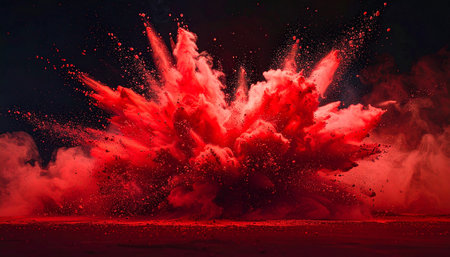 A bright red powder burst explodes outward with speckled particles and dark hues, conveying energy.の素材