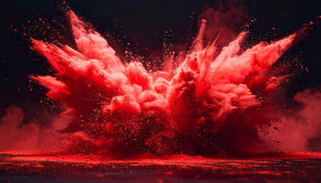 A bright red powder explosion scatters particles against a dark background with smoke.の素材