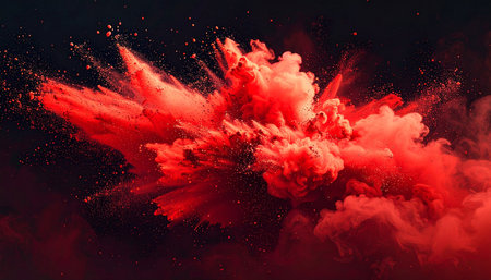 A bright red powder cloud explodes with fine particles, set against a dark, spacious background.の素材