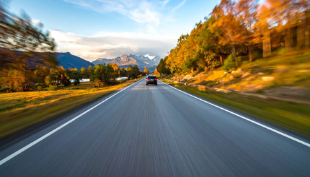 A car drives on a road through an autumn landscape with mountains and colorful trees on the right.の素材