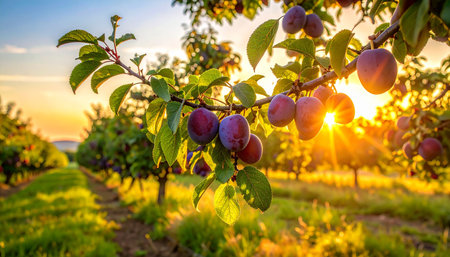 Ripe purple plums on a branch in an orchard, bathed in the warm glow of sunset. Clear details and vibrant colors enha...の素材