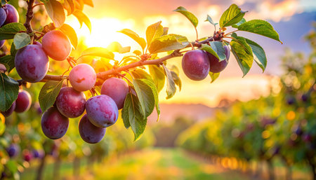 Purple plums cluster on a branch with soft sunlight and blurred orchard rows in the backgroundの素材