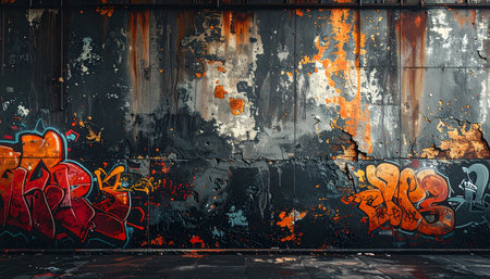 A close-up view of a heavily textured urban wall featuring bold graffiti and prominent rust patches.の素材