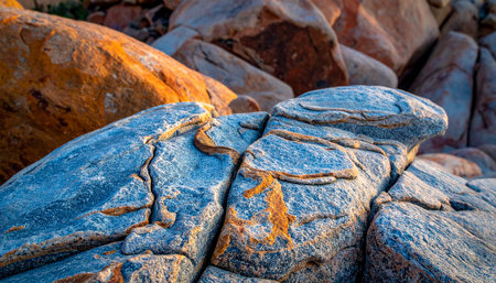 Detailed view of weathered rocks showing blue and orange mineral deposits and intricate cracked textures.の素材