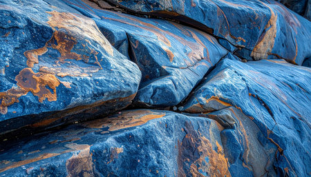 Detailed view of deep blue and orange streaked rock formations with jagged edges and visible cracks.の素材
