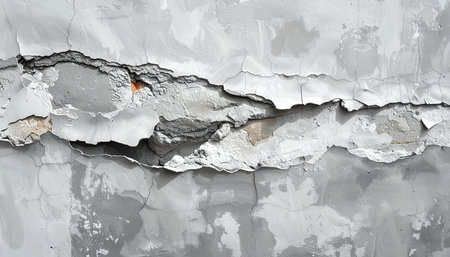 Close-up of a deep crack in a concrete wall with peeling paint and visible aggregate in grayscale.の素材
