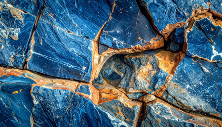Detailed close-up of a cracked rock surface with striking deep blue and vibrant orange hues and mineral veins.の素材