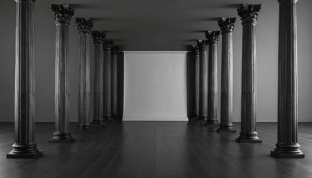 Dark Corinthian columns line a hallway leading to a white backdrop with a dark wooden floor.の素材