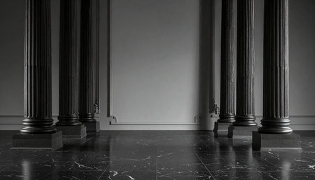 Dark fluted Corinthian columns stand on a polished black marble floor with white veining.の素材