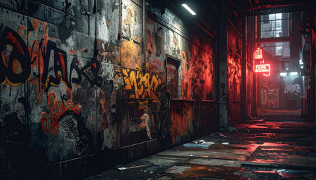 A dimly lit urban alleyway with walls covered in graffiti, illuminated by a stark red neon sign.の素材