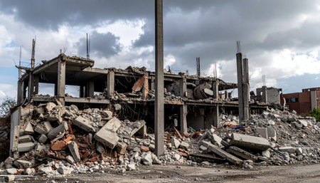 A multi-story concrete building is in a state of severe collapse, surrounded by extensive rubble and debris.の素材