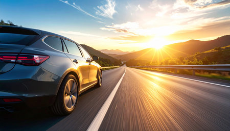 A dark grey station wagon drives on a highway towards a golden sunset with mountains in the distance.の素材