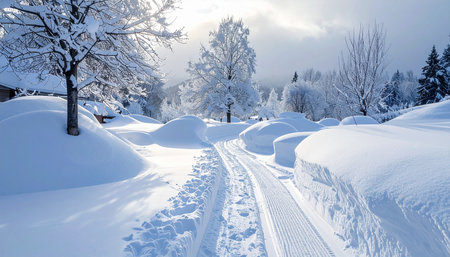 A snow-covered rural road winds through deep snowdrifts under a bright winter sky Clear details and vibrant colors en...の素材