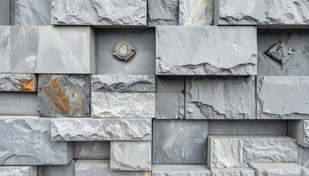 A detailed grey stone wall with irregularly shaped blocks and inset decorative circular elements.の素材