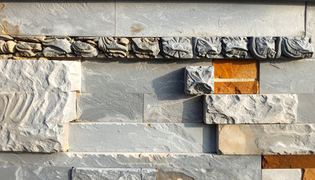A stone wall featuring a carved decorative border and an inlay of orange brick. Clear details and vibrant colors enha...の素材