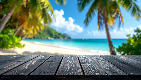 A dark wooden tabletop in the foreground with a blurry tropical beach and ocean horizon in the background.の素材