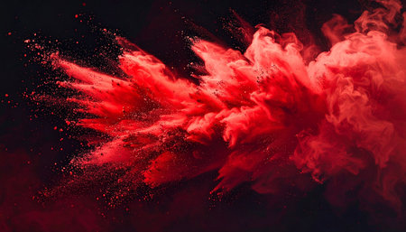 A dynamic red powder cloud expands sideways against a dark backdrop with fine particles.の素材