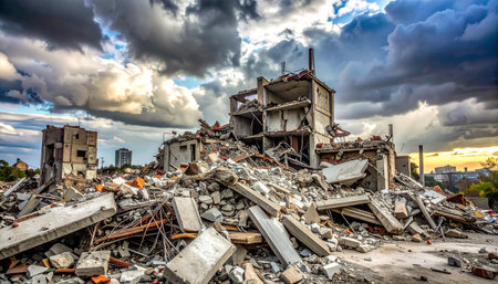 A heavily damaged building sits amidst a massive pile of rubble under a dramatic, cloudy sky with hints of sunset.の素材