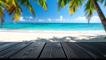 A dark wooden table sits in the foreground with a blurred tropical beach and palm trees under a blue sky.の素材