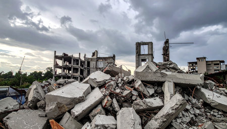 A vast landscape of concrete debris and rubble from demolished buildings under a heavily clouded sky.の素材