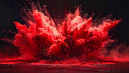An energetic burst of red powder creates a cloud of fine dust and smoke. Clear details and vibrant colors enhance vis...の素材