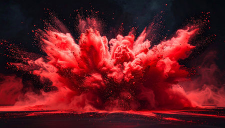 An energetic explosion of red powder with swirling smoke and dust against a dark atmosphere.の素材