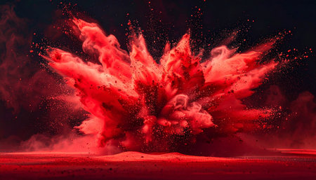 A fiery explosion of red powder, smoke, and particles erupting from a dark ground surface.の素材