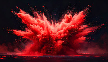A fiery red powder explosion with scattered particles erupts across a dark surface.の素材
