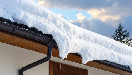 Snow on the roof of a house in the village in winter.の素材