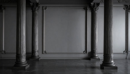 Four dark Corinthian columns stand against paneled walls in a grand, empty interior with a tiled floor.の素材