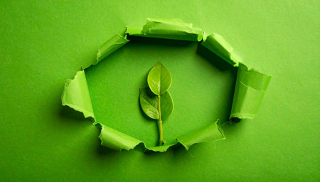 A small green plant with two leaves emerges from a torn hole in green paper. Clear details and vibrant colors enhance...の素材