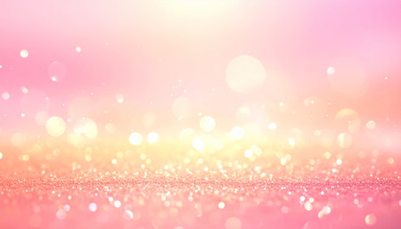 A glittering pink and orange surface with soft, blurred bokeh lights creating a magical background.の素材