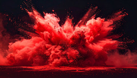A red powder explosion erupts from a surface, creating a cloud of smoke and particles on a dark scene.の素材