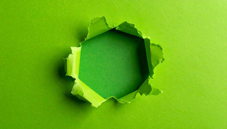 A hexagonal torn hole in bright green paper creates an empty space. Clear details and vibrant colors enhance visual a...の素材