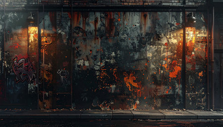 A grungy urban wall with graffiti and warm light from industrial lamps casting shadows.の素材