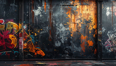 A dark, rusty metal wall covered in vibrant graffiti and paint splatters creates a grungy urban backdrop.の素材