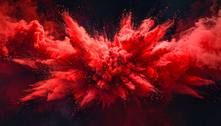 An intense red powder burst features swirling smoke and scattered fine particles against a dark background.の素材