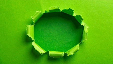 A jagged hole is torn in vibrant green paper, creating an empty space. Clear details and vibrant colors enhance visua...の素材