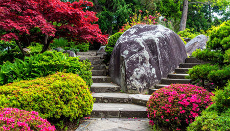 A Japanese garden features stone steps winding past a large boulder, a red maple tree, and vibrant pink and green...の素材
